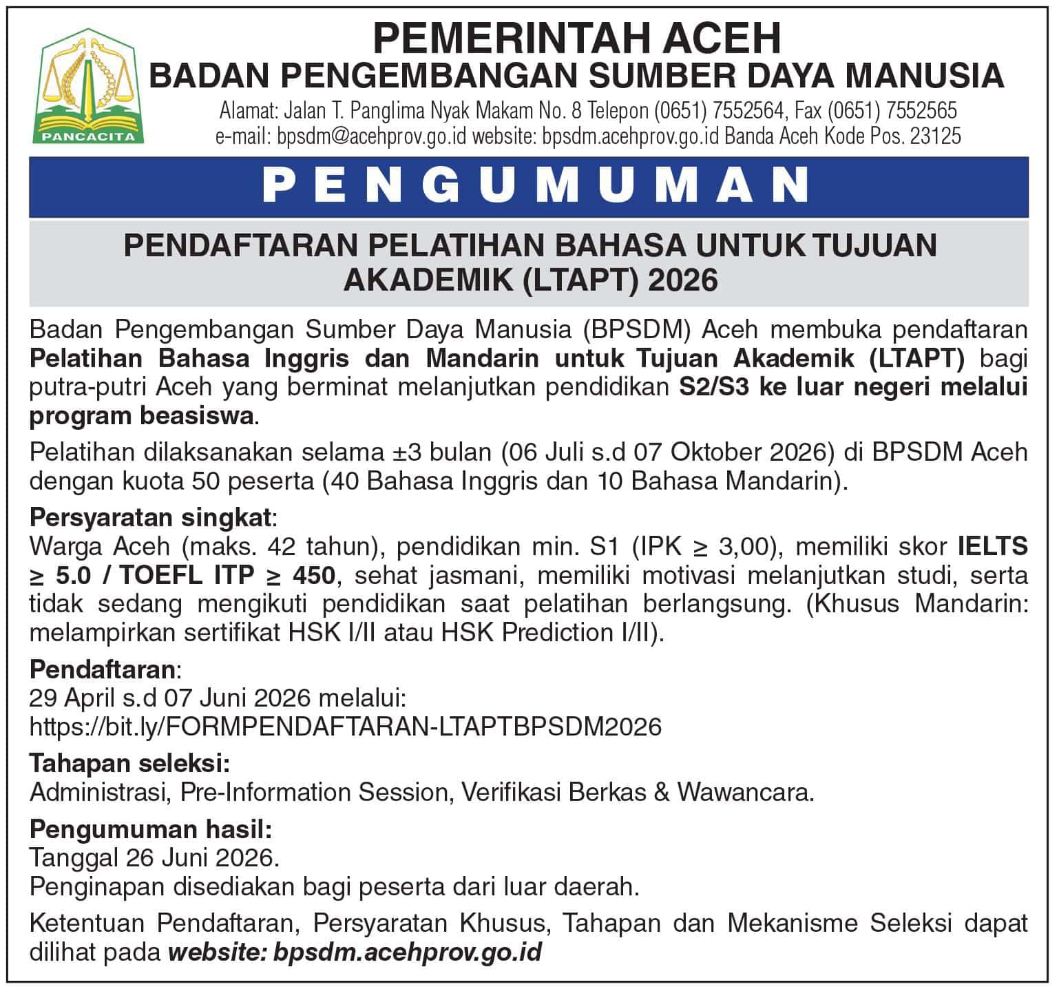 Siapkan Generasi Aceh Tembus Beasiswa Luar Negeri, BPSDM Aceh Buka Pelatihan Bahasa Akademik Gratis